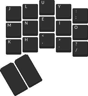 Typing "no" on the right half of a Squiggle with dark Colemak-DH MBK choc keycaps