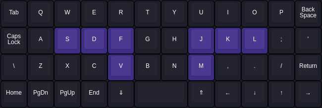 Dark Ortholinear Planck keyboard with the SDFVMJKL keys highlighted in purple