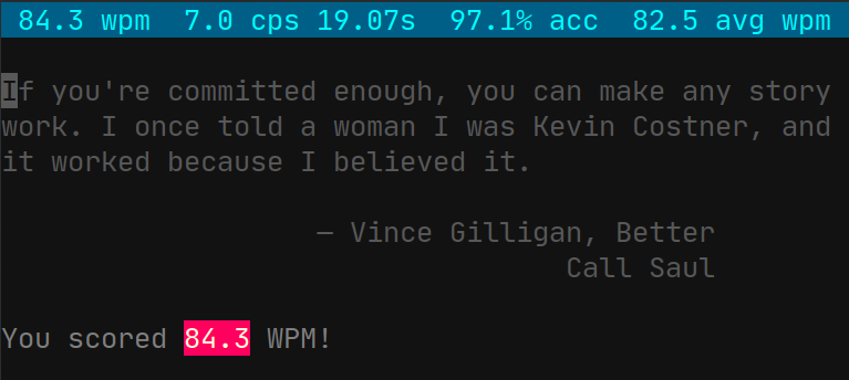 screenshot of wpm with 84.3 WPM